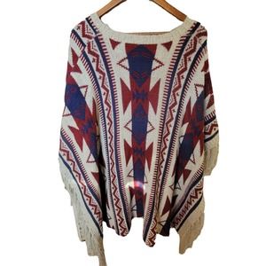 Aztec Fringed Southwest Poncho Sweater Plus Size OS Yellowstone Santa Fe‎ Boho